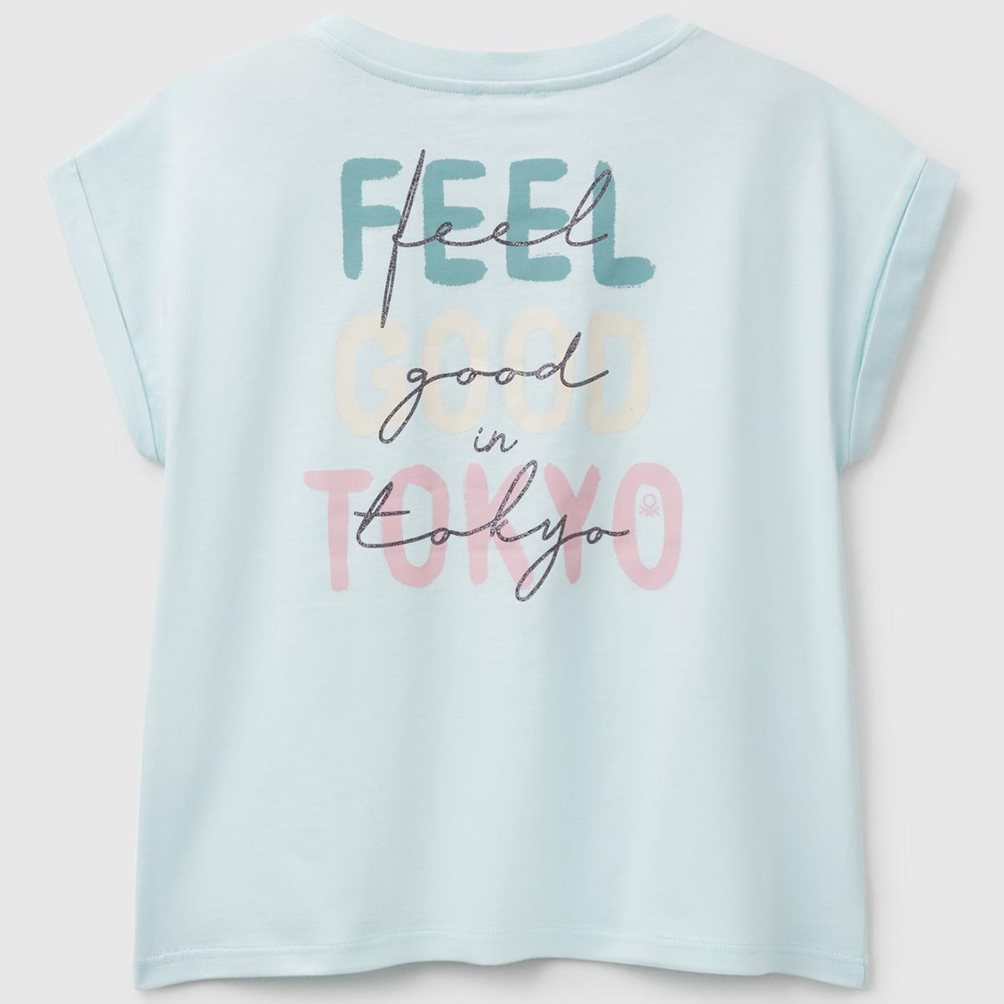 Kız Çocuk Su Yeşili Parlak Baskılı Düşük Omuz T-Shirt