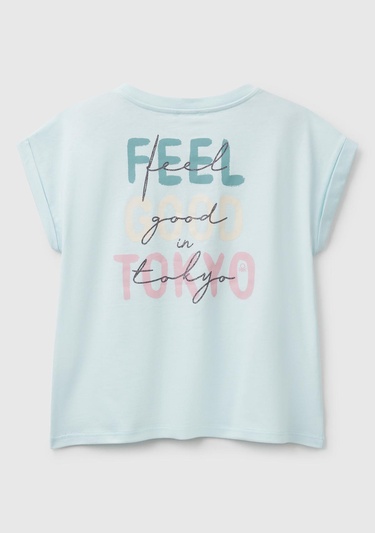  Kız Çocuk Su Yeşili Parlak Baskılı Düşük Omuz T-Shirt