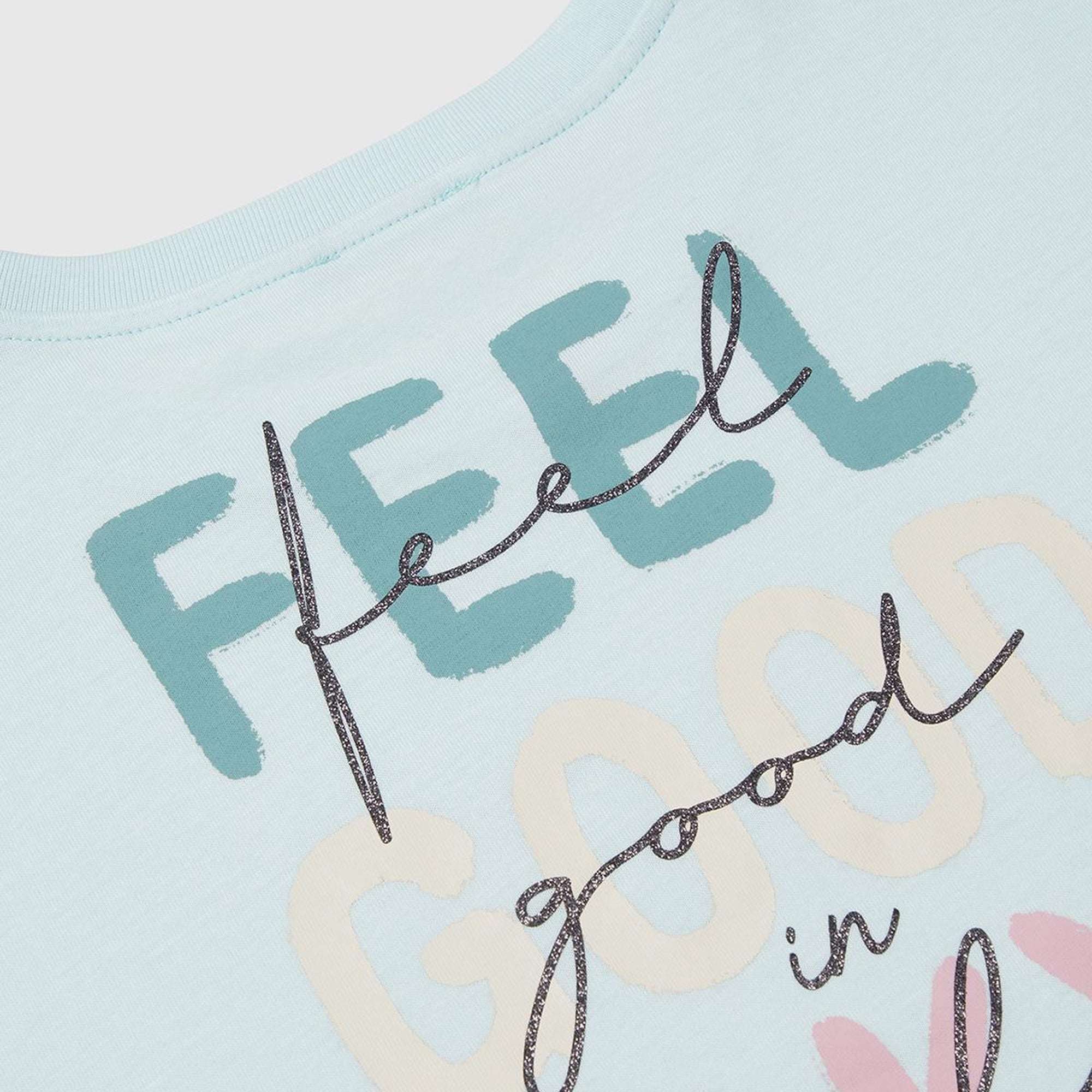 Kız Çocuk Su Yeşili Parlak Baskılı Düşük Omuz T-Shirt