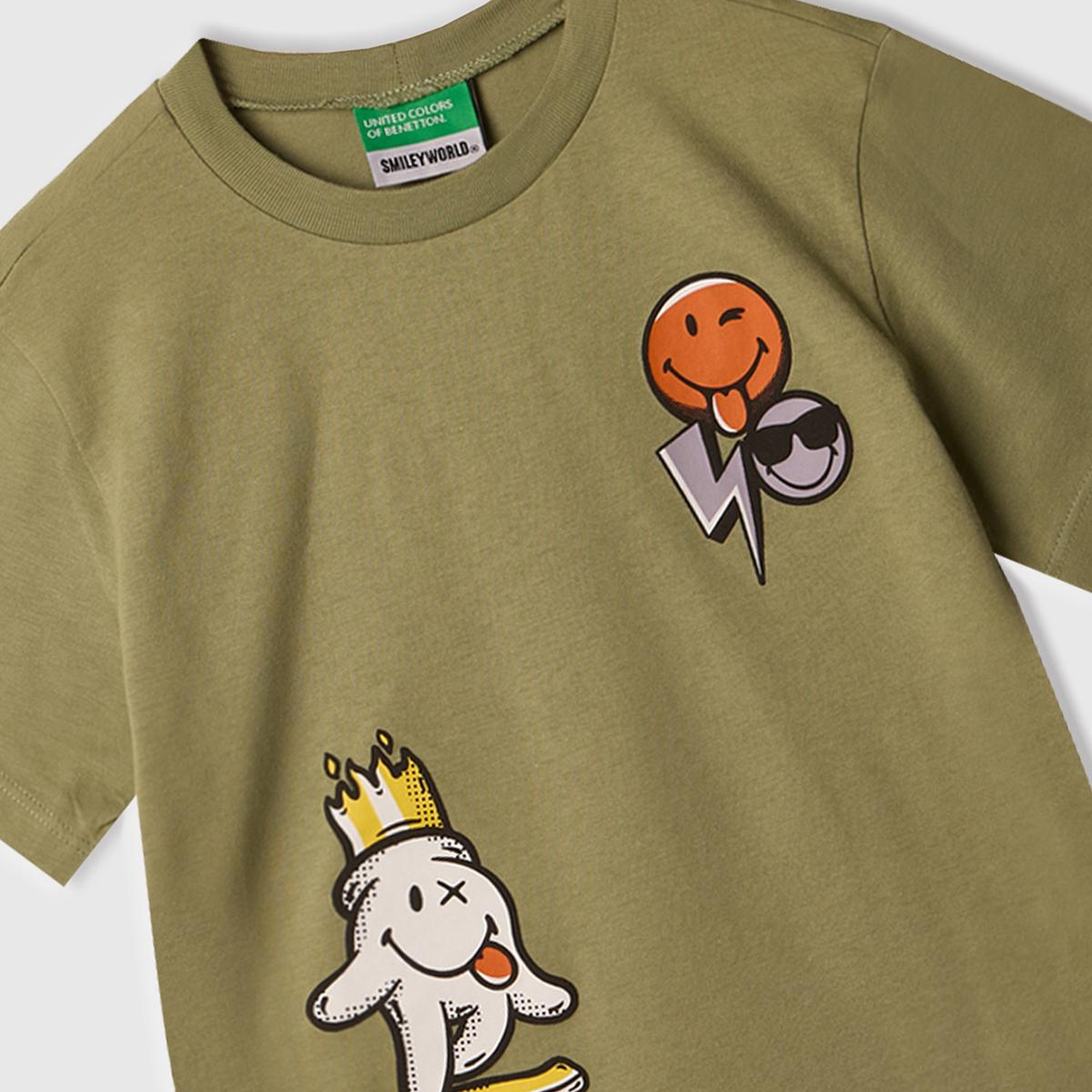 Erkek Çocuk Haki Smiley World Baskılı Logo Etiketli T-Shirt