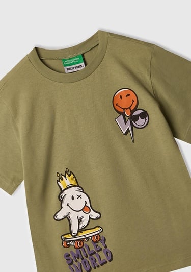  Erkek Çocuk Haki Smiley World Baskılı Logo Etiketli T-Shirt