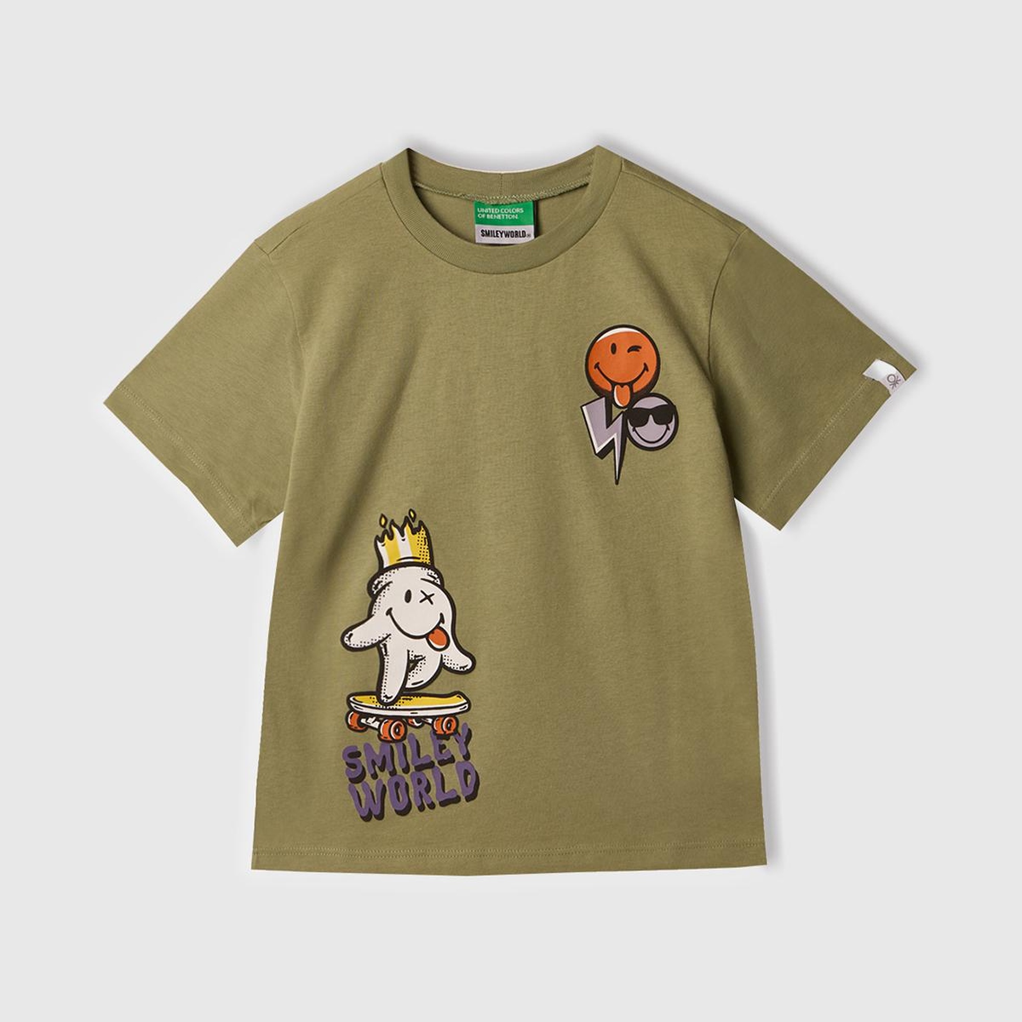 Erkek Çocuk Haki Smiley World Baskılı Logo Etiketli T-Shirt