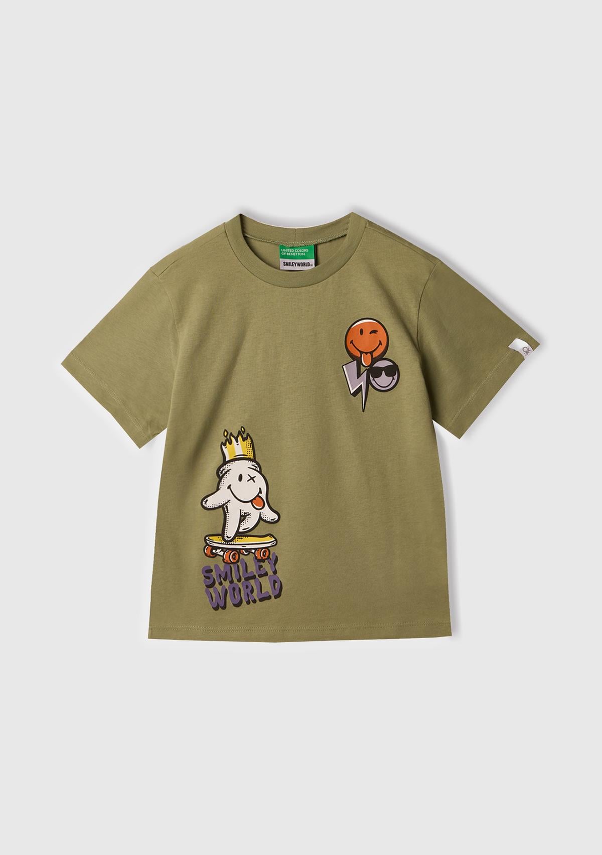  Erkek Çocuk Haki Smiley World Baskılı Logo Etiketli T-Shirt