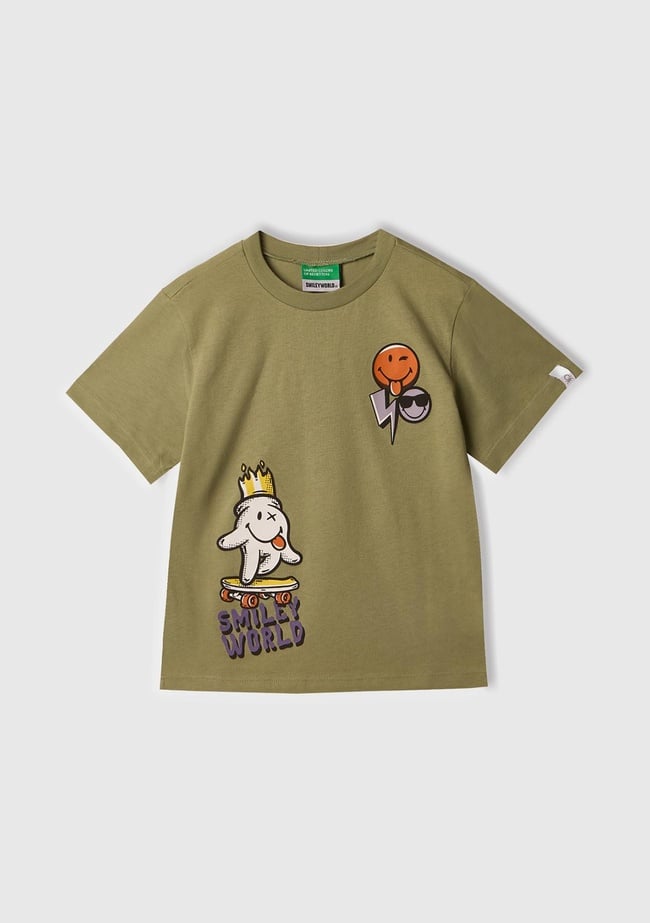  Erkek Çocuk Haki Smiley World Baskılı Logo Etiketli T-Shirt