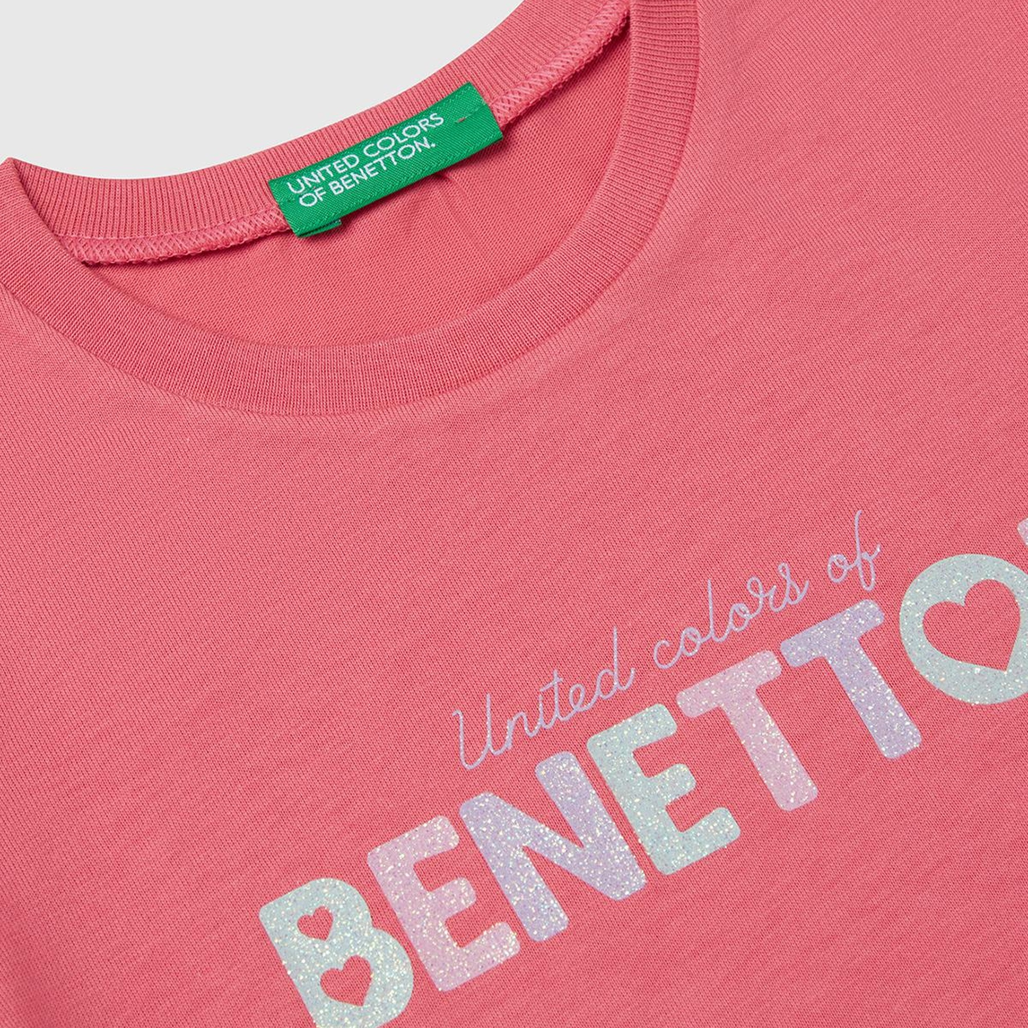 Kız Çocuk Fuşya Simli Benetton Logo Baskılı T-Shirt