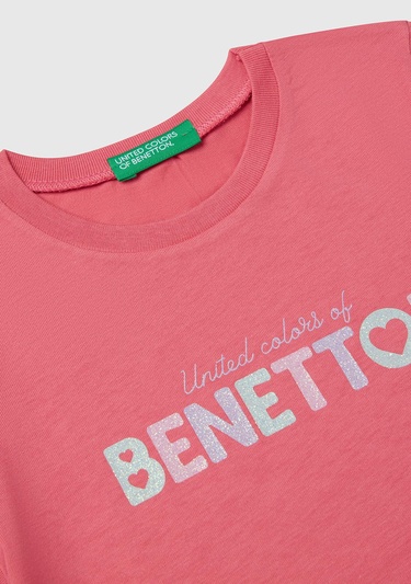  Kız Çocuk Fuşya Simli Benetton Logo Baskılı T-Shirt