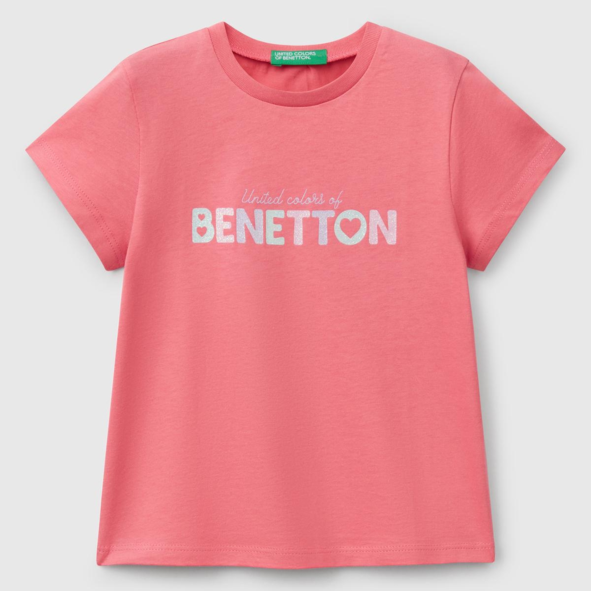 Kız Çocuk Fuşya Simli Benetton Logo Baskılı T-Shirt