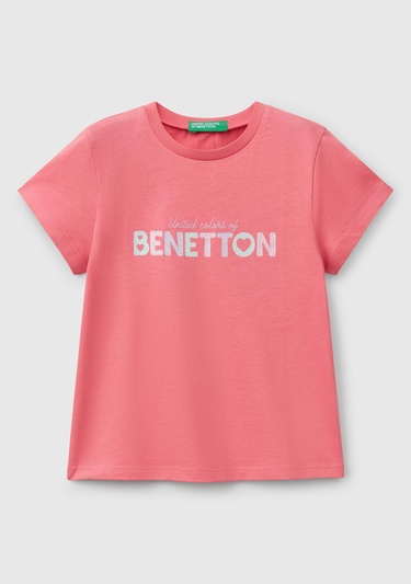  Kız Çocuk Fuşya Simli Benetton Logo Baskılı T-Shirt
