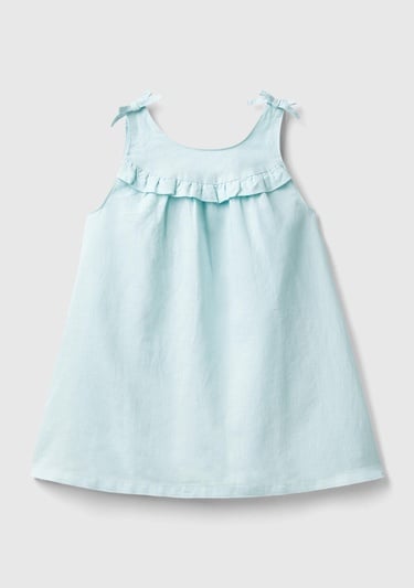  Kız Çocuk Açık Mavi Fiyonk Askılı Pileli Rahat Kesim Elbise