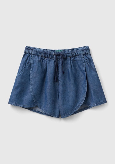  Kız Çocuk İndigo %100 Liyosel Beli Lastikli Büzgü İpli Şort