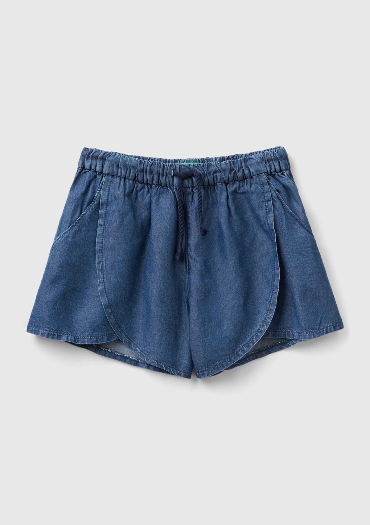  Kız Çocuk İndigo %100 Liyosel Beli Lastikli Büzgü İpli Şort