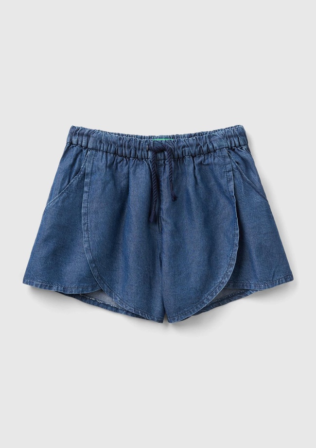  Kız Çocuk İndigo %100 Liyosel Beli Lastikli Büzgü İpli Şort