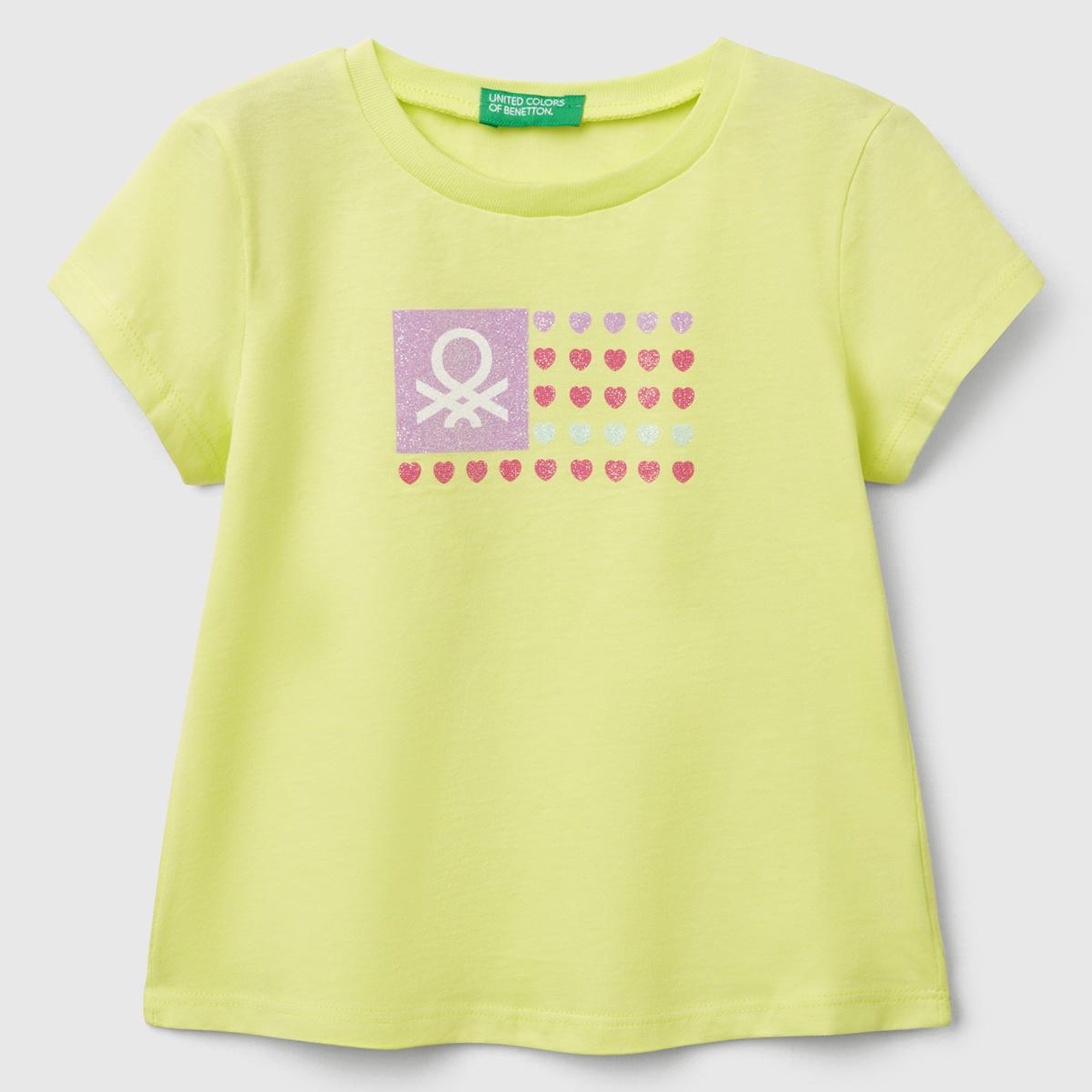 Kız Çocuk Sarı Simli Benetton Logo Baskılı T-Shirt