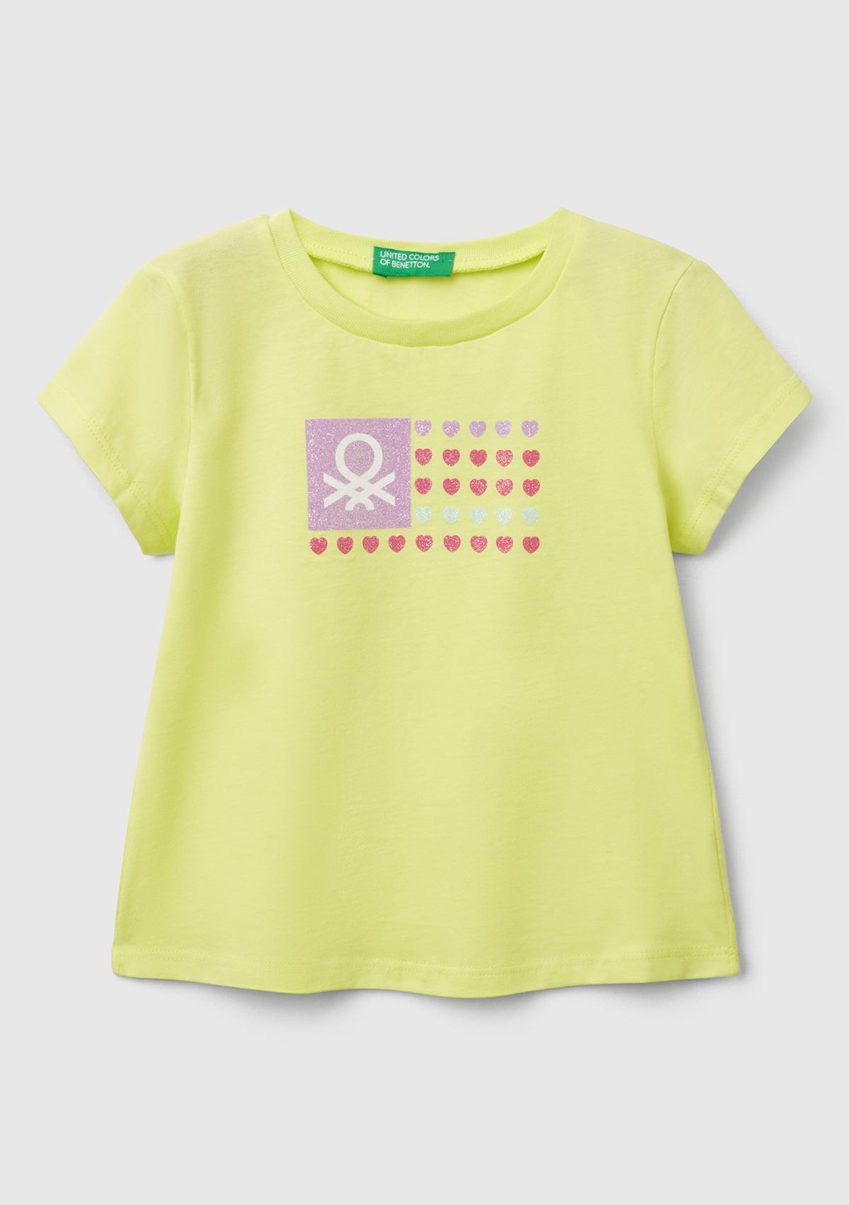  Kız Çocuk Sarı Simli Benetton Logo Baskılı T-Shirt