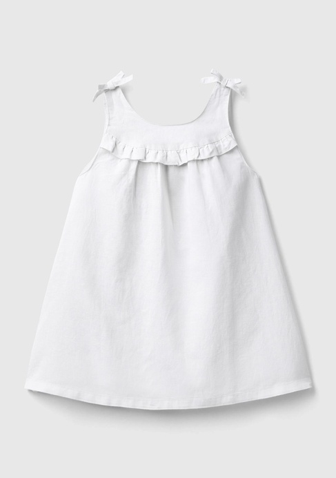  Kız Çocuk Beyaz Fiyonk Askılı Pileli Rahat Kesim Elbise
