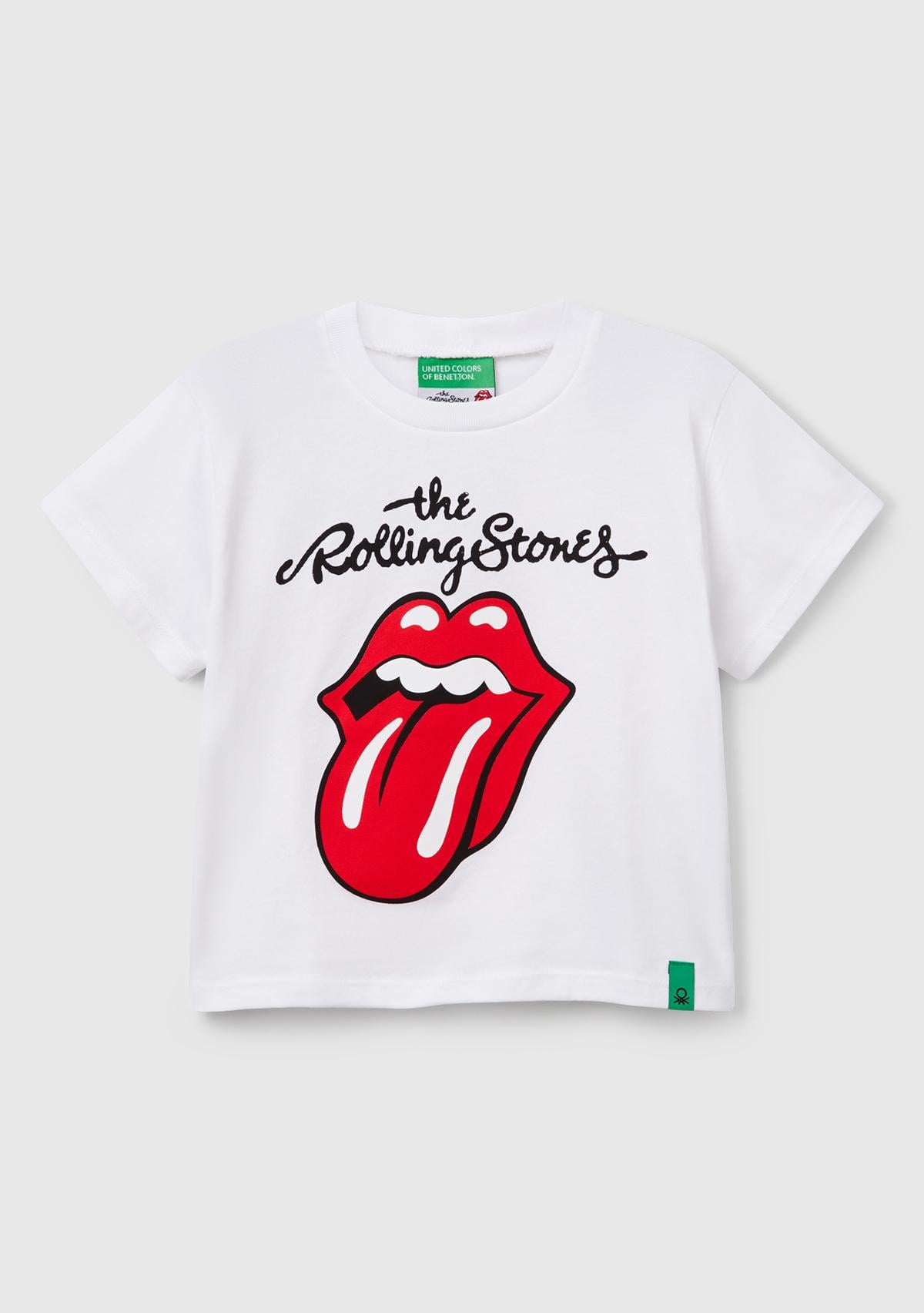  Kız Çocuk Beyaz Rolling Stones Baskılı Logo Etiketli T-Shirt