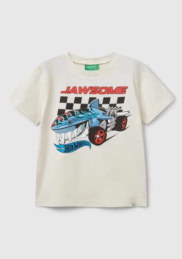  Erkek Çocuk Ekru Hot Wheels Baskılı Logo Etiketli T-Shirt