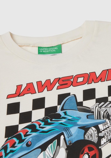  Erkek Çocuk Ekru Hot Wheels Baskılı Logo Etiketli T-Shirt