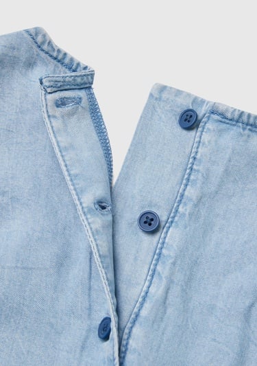  Kız Çocuk Açık Denim %100 Liyosel Beli Kuşaklı Ucu Fırfırlı Kolsuz Kısa Tulum