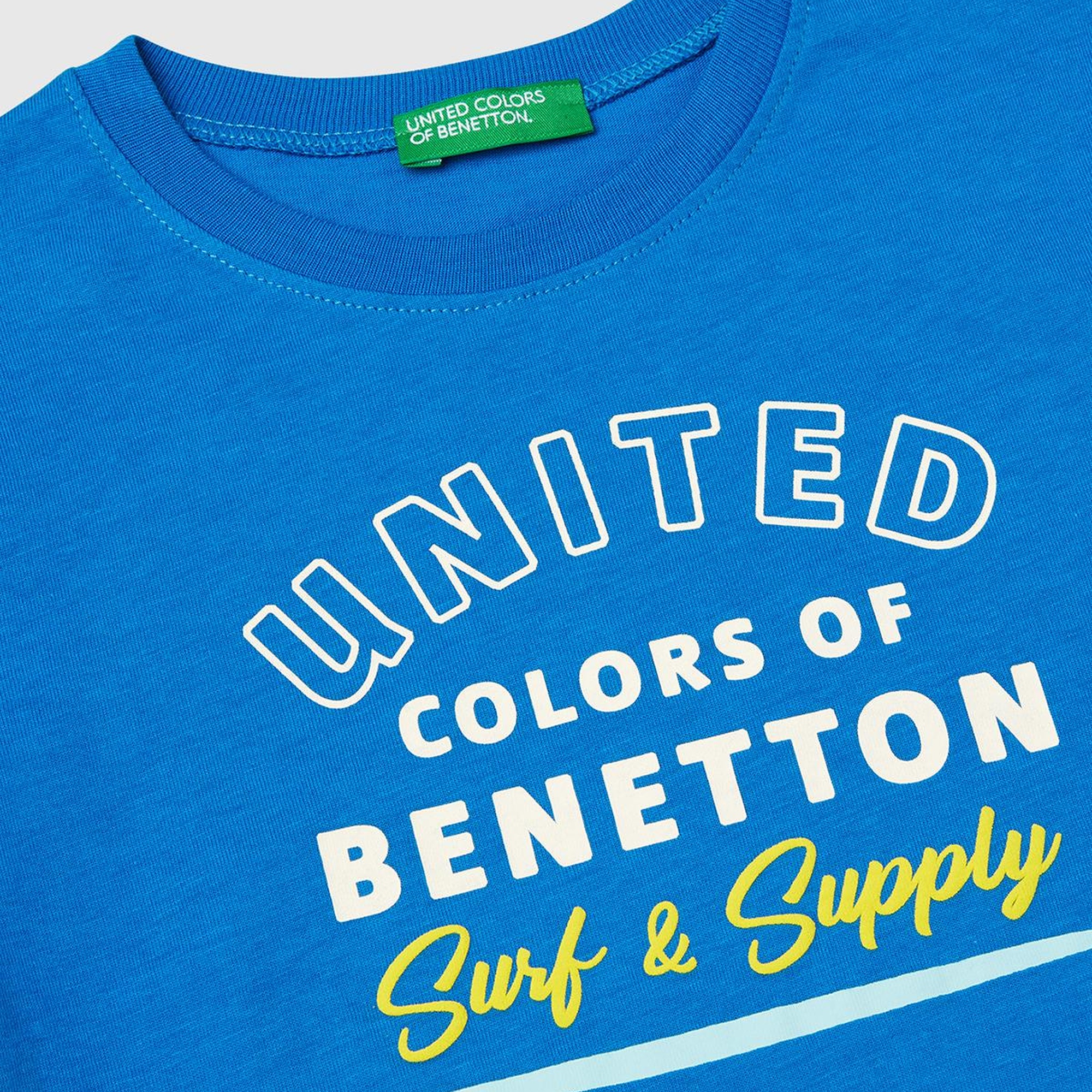 Erkek Çocuk Saks Mavi Benetton Logo Baskılı T-Shirt