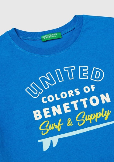  Erkek Çocuk Saks Mavi Benetton Logo Baskılı T-Shirt