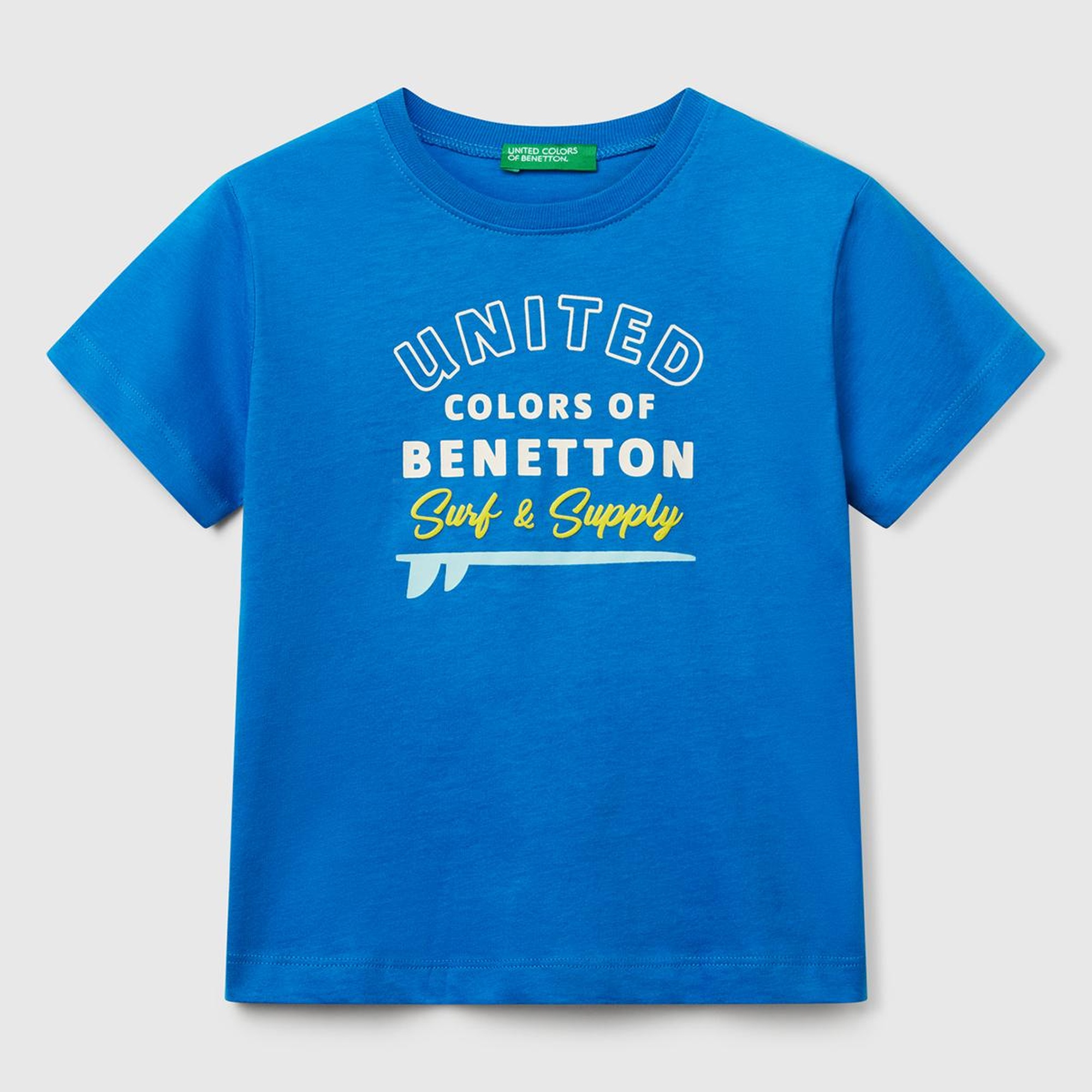 Erkek Çocuk Saks Mavi Benetton Logo Baskılı T-Shirt