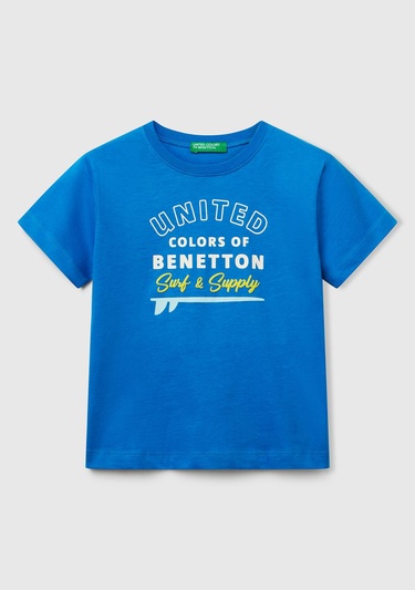  Erkek Çocuk Saks Mavi Benetton Logo Baskılı T-Shirt