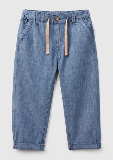  Erkek Çocuk Mavi Beli Büzgülü İpli Havuç Kesim Chino Pantolon