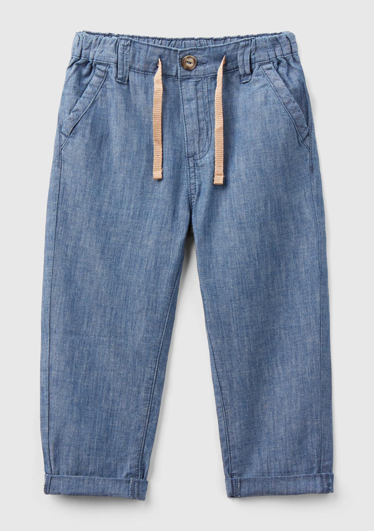  Erkek Çocuk Mavi Beli Büzgülü İpli Havuç Kesim Chino Pantolon