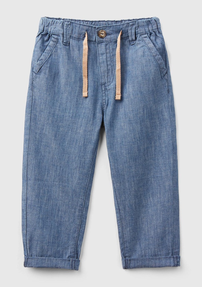  Erkek Çocuk Mavi Beli Büzgülü İpli Havuç Kesim Chino Pantolon
