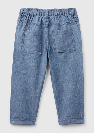  Erkek Çocuk Mavi Beli Büzgülü İpli Havuç Kesim Chino Pantolon