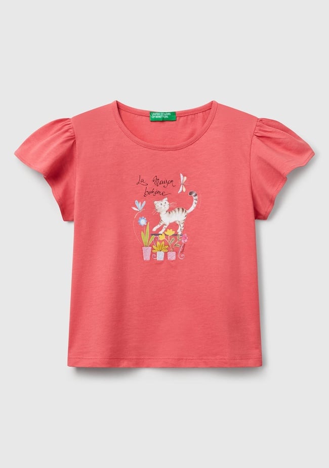  Kız Çocuk Fuşya Nakışlı ve Baskılı Kolu Fırfırlı Regular Fit T-Shirt