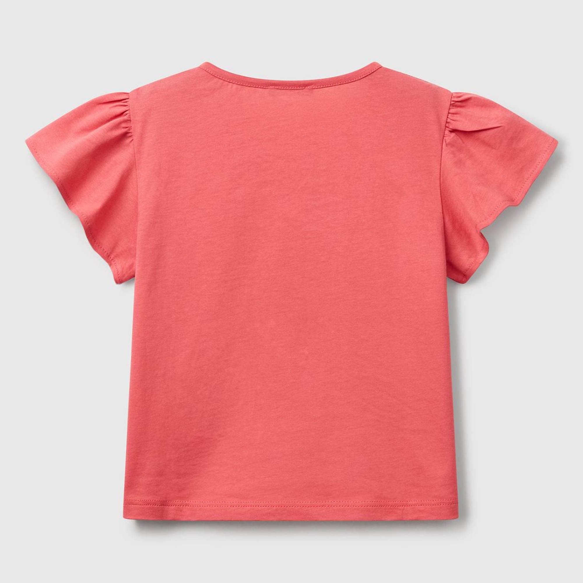 Kız Çocuk Fuşya Nakışlı ve Baskılı Kolu Fırfırlı Regular Fit T-Shirt