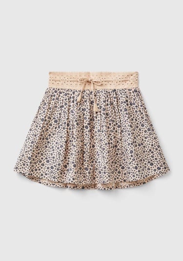  Kız Çocuk Kahverengi Mix Esnek Belli Büzgü İpli Desenli Etek