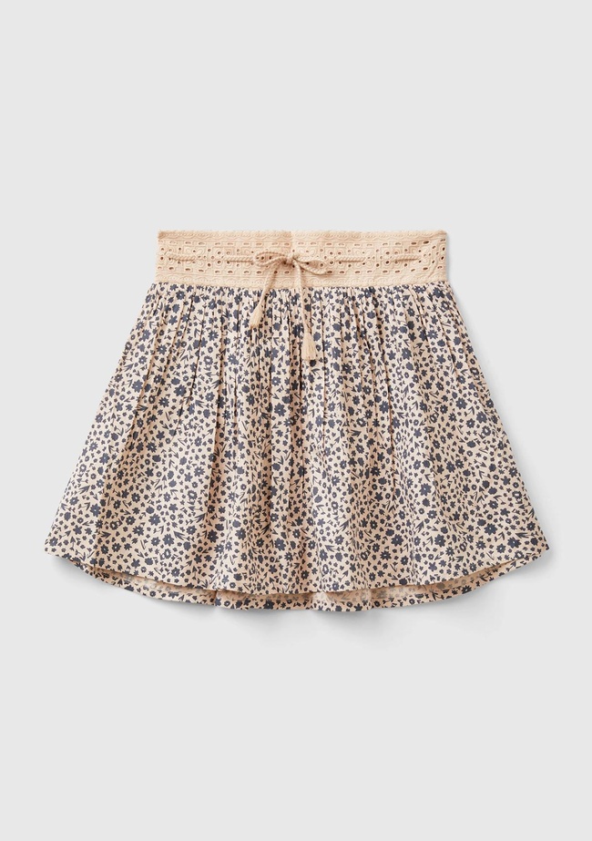  Kız Çocuk Kahverengi Mix Esnek Belli Büzgü İpli Desenli Etek