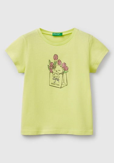  Kız Çocuk Sarı Simli ve Grafik Baskılı T-Shirt