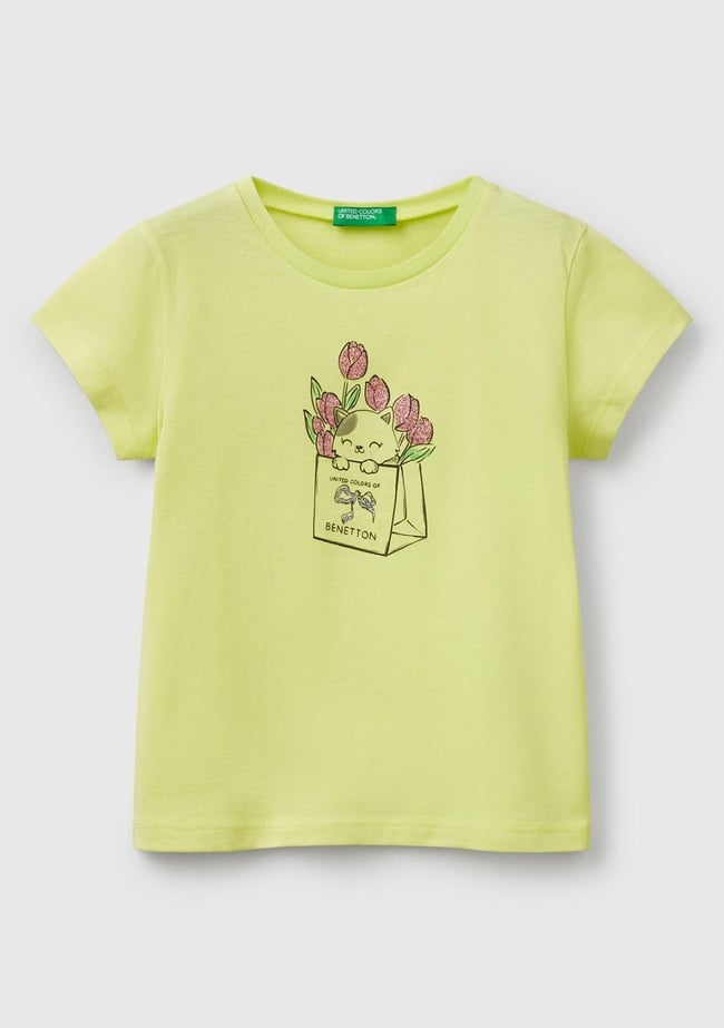  Kız Çocuk Sarı Simli ve Grafik Baskılı T-Shirt