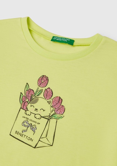  Kız Çocuk Sarı Simli ve Grafik Baskılı T-Shirt