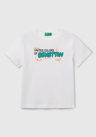  Erkek Çocuk Beyaz Benetton Logo Baskılı T-Shirt