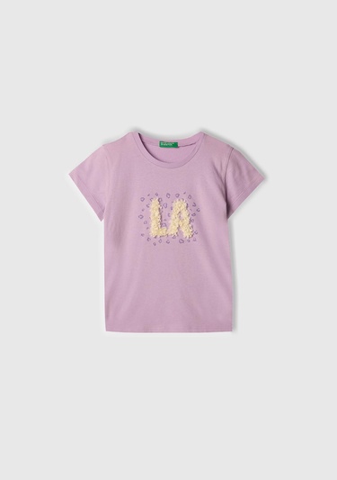  Kız Çocuk Lila Nakışlı ve Baskılı T-Shirt