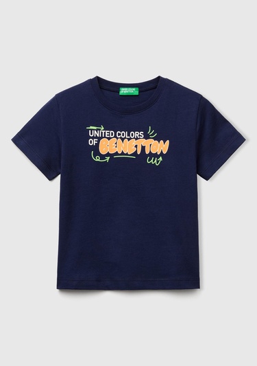  Erkek Çocuk Lacivert Benetton Logo Baskılı T-Shirt