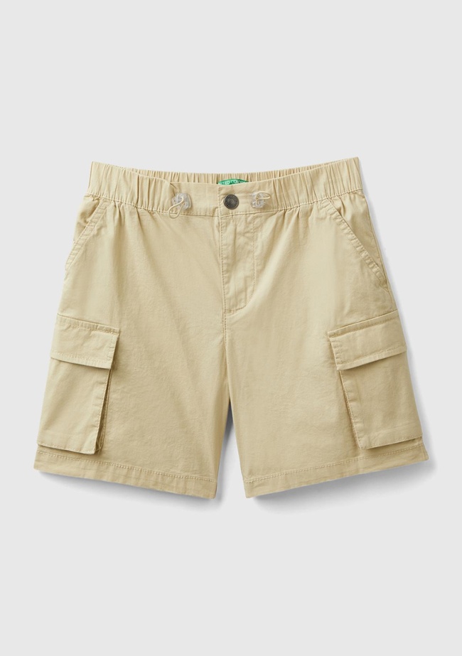  Erkek Çocuk Bej Logo İşlemeli Yama Cepli Beli Büzgülü Bol Kesim Bermuda