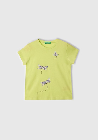  Kız Çocuk Sarı Nakışlı ve Baskılı T-Shirt