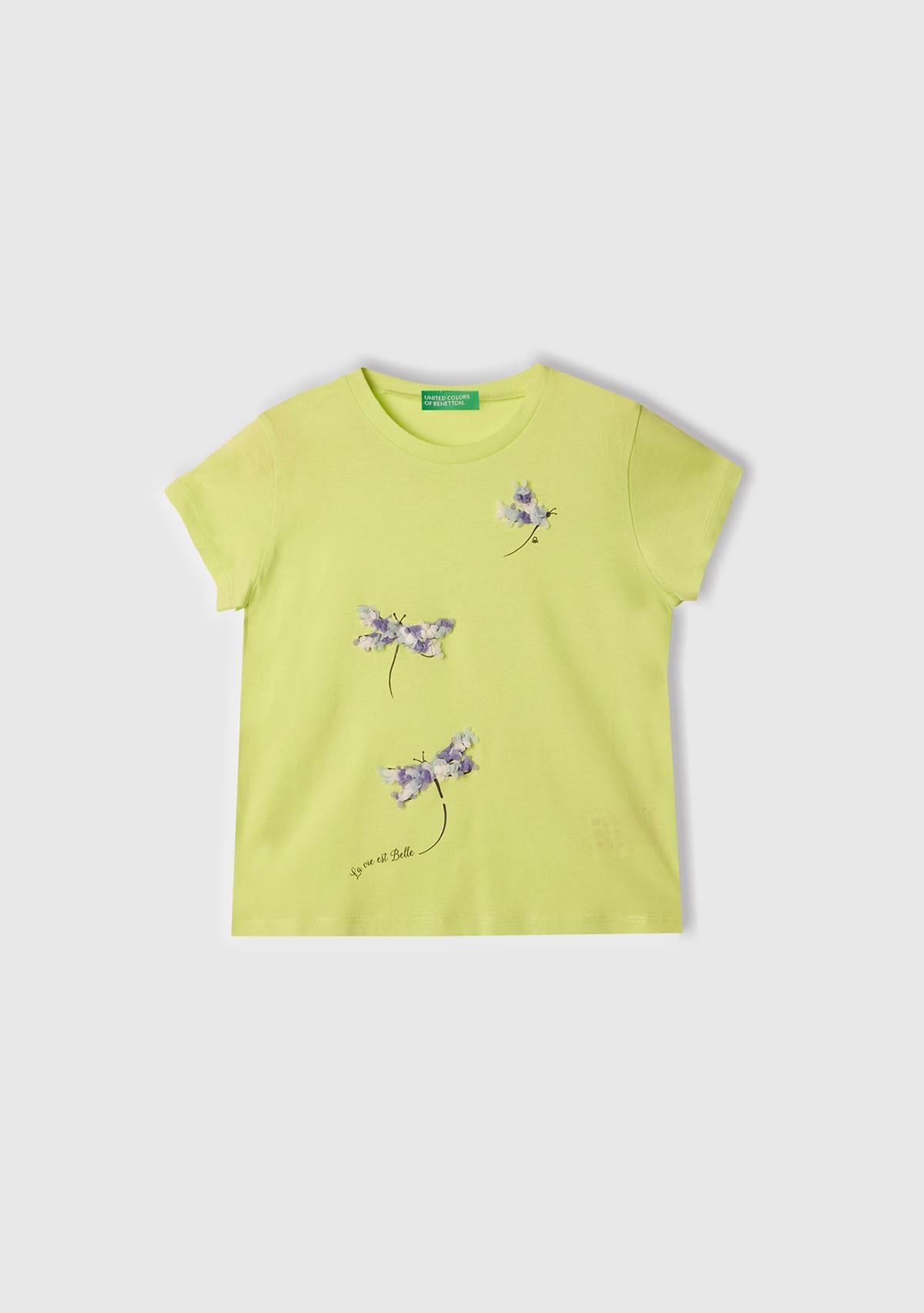  Kız Çocuk Sarı Nakışlı ve Baskılı T-Shirt