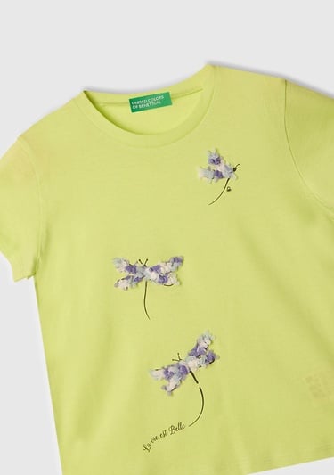  Kız Çocuk Sarı Nakışlı ve Baskılı T-Shirt