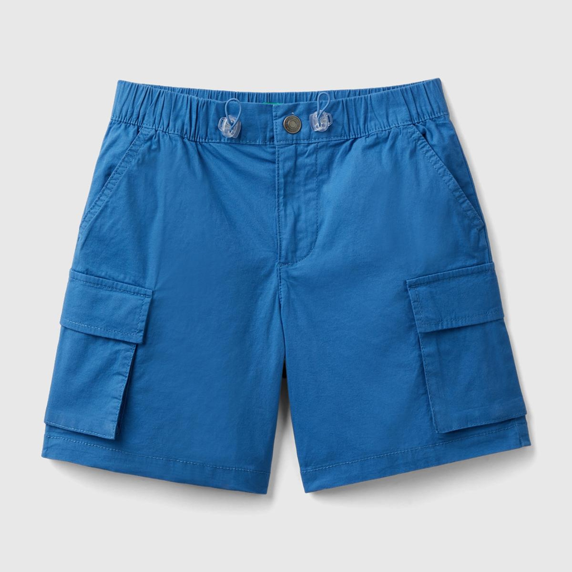 Erkek Çocuk Saks Mavi Logo İşlemeli Yama Cepli Beli Büzgülü Bol Kesim Bermuda