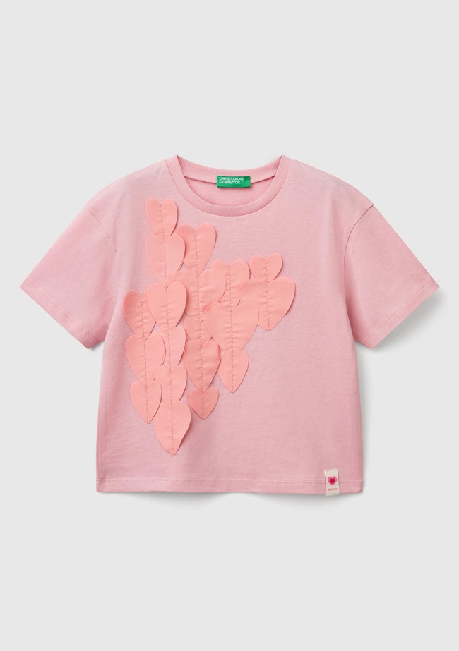  Kız Çocuk Pembe Kumaş Aplikeli Hafif Oversize T-Shirt