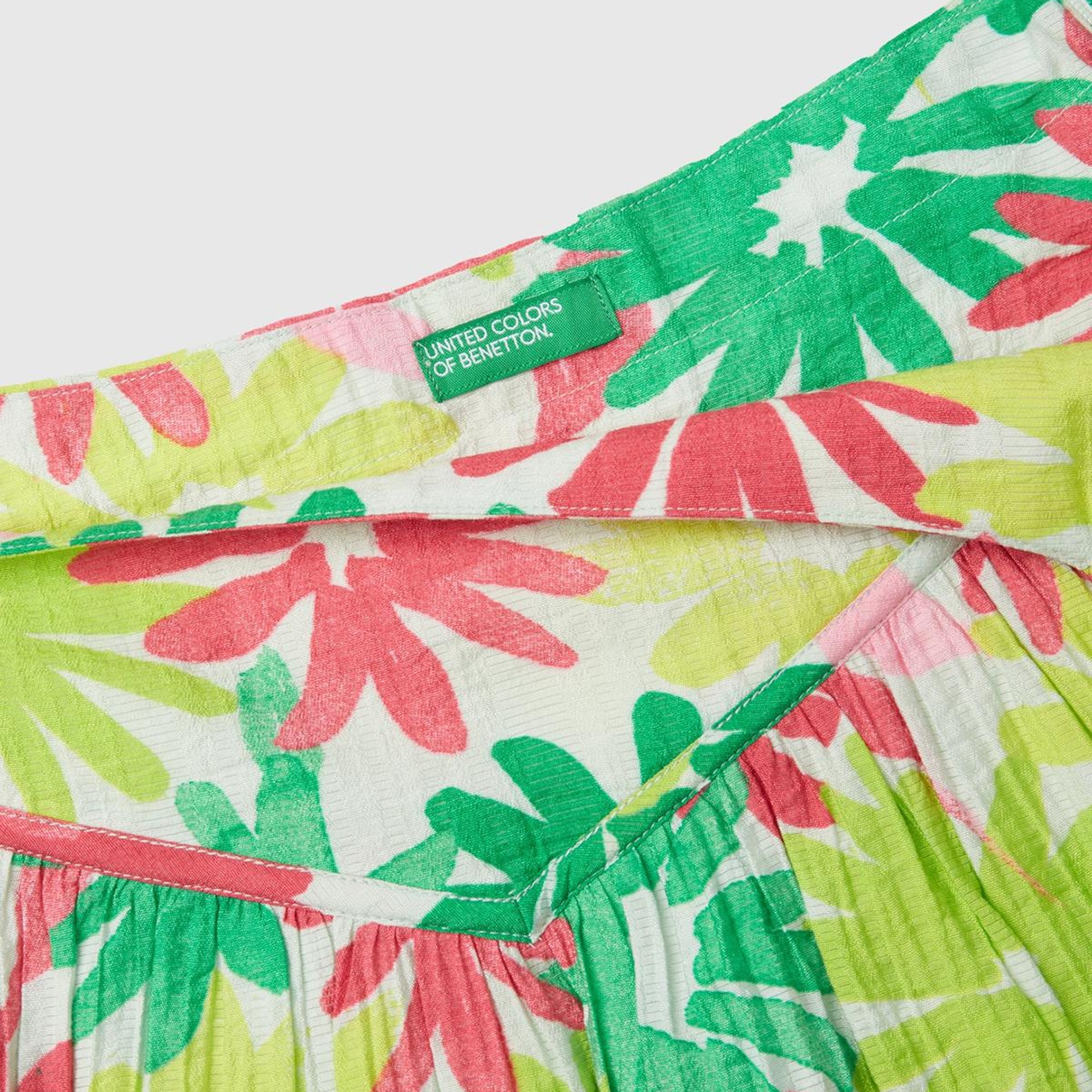 Kız Çocuk Yeşil- Pembe Tamamı Çiçek Baskılı Beli Bant Detaylı Etek