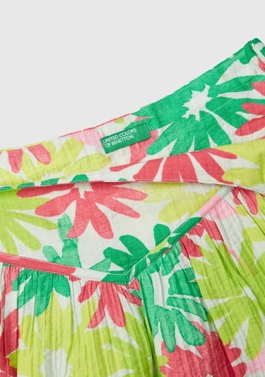  Kız Çocuk Yeşil- Pembe Tamamı Çiçek Baskılı Beli Bant Detaylı Etek