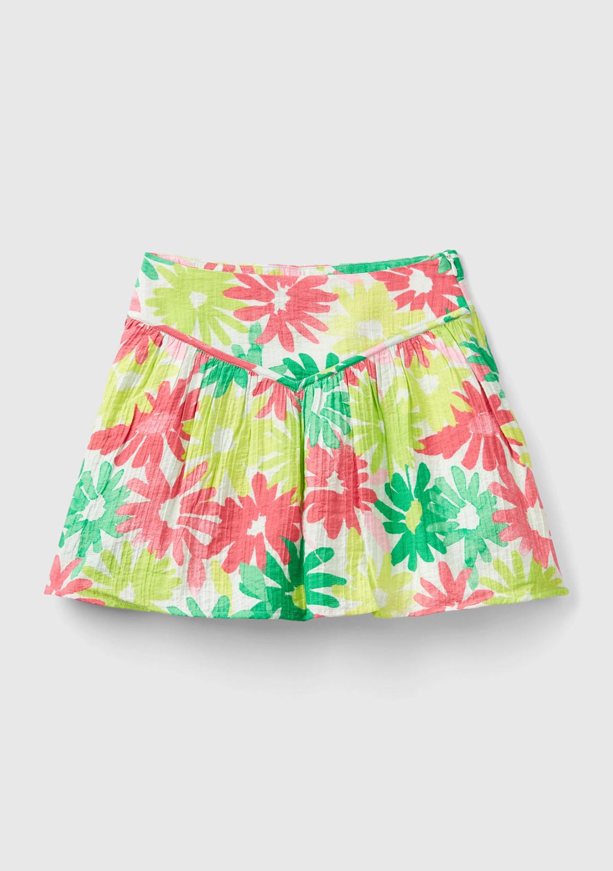  Kız Çocuk Yeşil- Pembe Tamamı Çiçek Baskılı Beli Bant Detaylı Etek